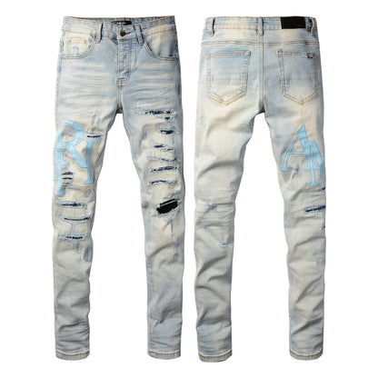 Men’s Light Blue Skinny Jeans with Sky Blue Letter Print and Heavy Distressing 8902