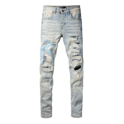 Men’s Light Blue Skinny Jeans with Sky Blue Letter Print and Heavy Distressing 8902