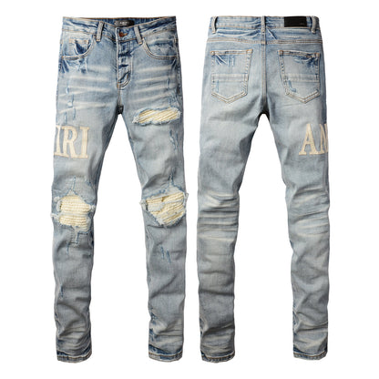 Men’s Mid Blue Skinny Jeans with Cream Letter Patch and Knee Rip Distressing 8905