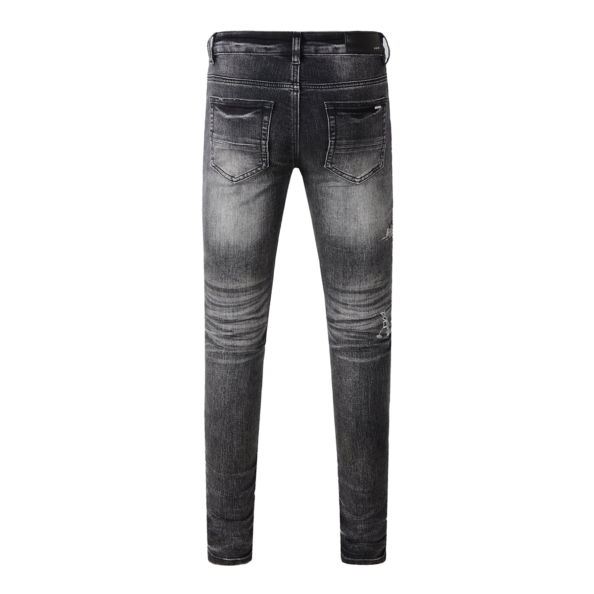Men’s Washed Black Skinny Jeans with Distressed Eagle Graphic and Gothic Letter Embroidery 8906