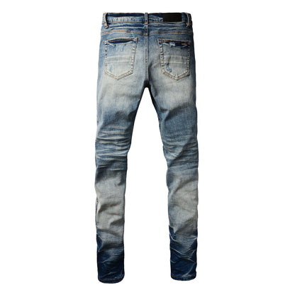 Men’s Two-Tone Blue Skinny Jeans with Heavy Knee Distressing and Whisker Fade Wash 8907