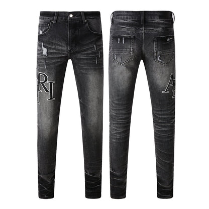 Men’s Washed Black Skinny Jeans with White Letter Print and Subtle Distressing 8908