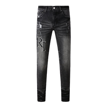 Men’s Washed Black Skinny Jeans with White Letter Print and Subtle Distressing 8908
