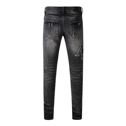Men’s Washed Black Skinny Jeans with White Letter Print and Subtle Distressing 8908