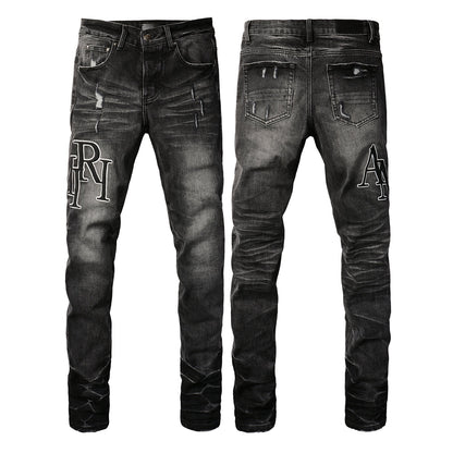 Men’s Washed Black Skinny Jeans with White Letter Print and Subtle Distressing 8908