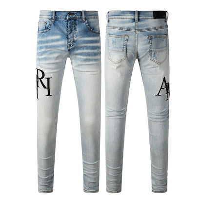 Men’s Light Wash Skinny Jeans with Black Letter Embroidery and Vintage Fade 8910