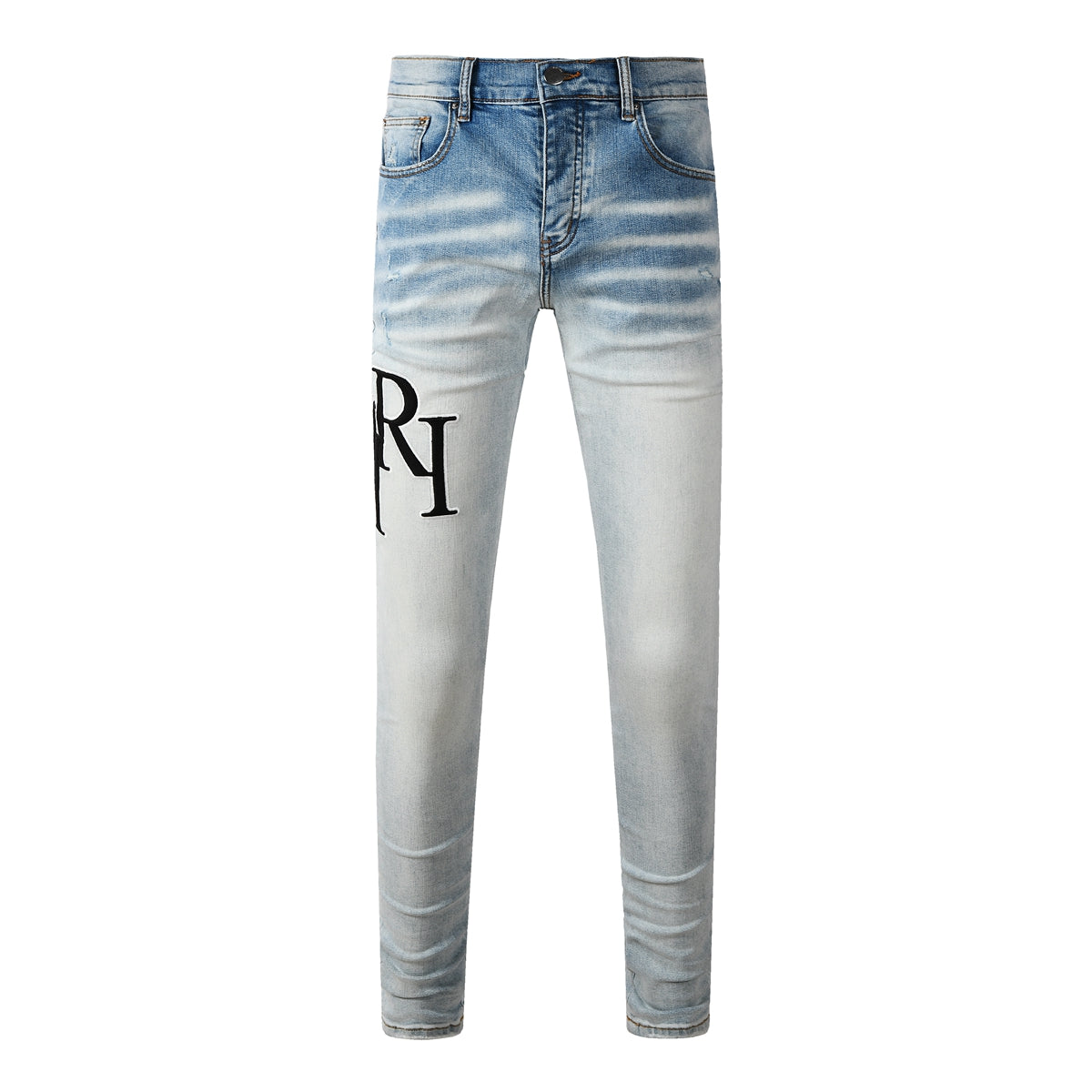 Men’s Light Wash Skinny Jeans with Black Letter Embroidery and Vintage Fade 8910