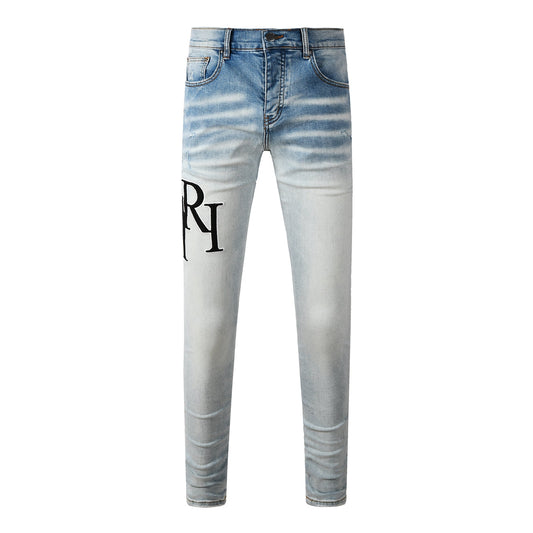Men’s Light Wash Skinny Jeans with Black Letter Embroidery and Vintage Fade 8910