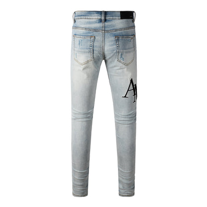 Men’s Light Wash Skinny Jeans with Black Letter Embroidery and Vintage Fade 8910