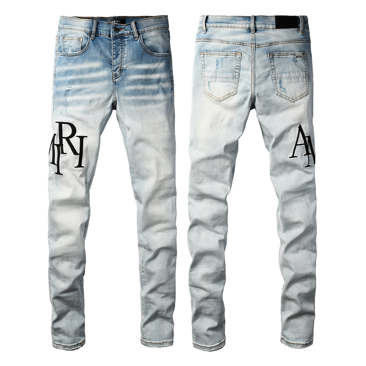 Men’s Light Wash Skinny Jeans with Black Letter Embroidery and Vintage Fade 8910