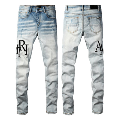 Men’s Light Wash Skinny Jeans with Black Letter Embroidery and Vintage Fade 8910