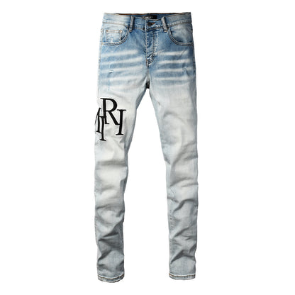 Men’s Light Wash Skinny Jeans with Black Letter Embroidery and Vintage Fade 8910