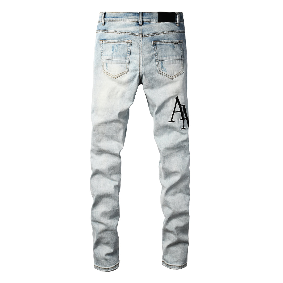 Men’s Light Wash Skinny Jeans with Black Letter Embroidery and Vintage Fade 8910