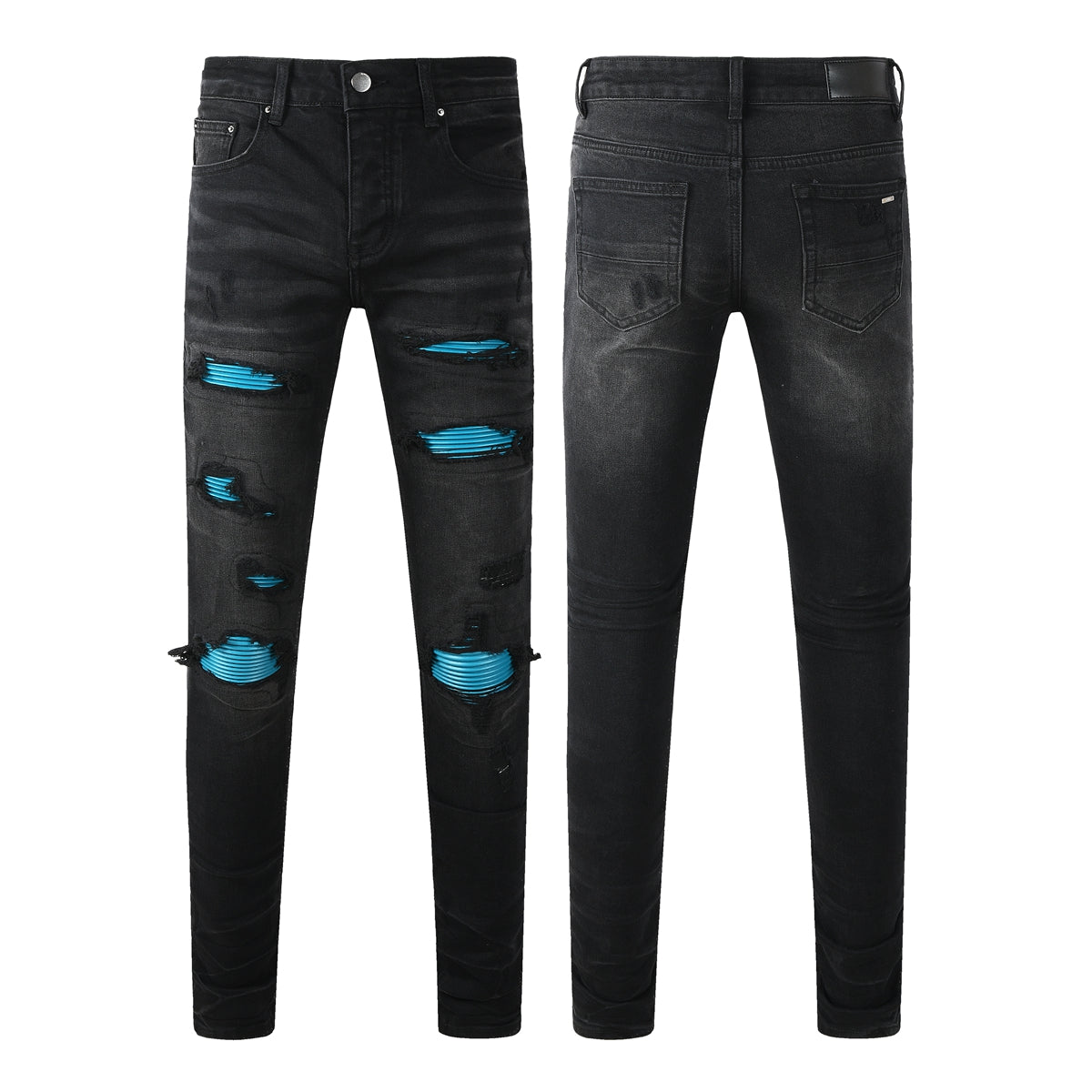 Men’s Black Distressed Skinny Jeans with Blue Ribbed Patchwork 8912