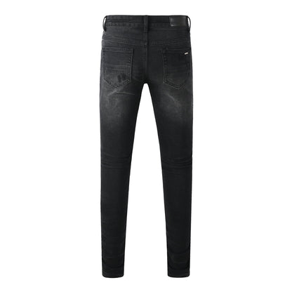 Men’s Black Distressed Skinny Jeans with Blue Ribbed Patchwork 8912