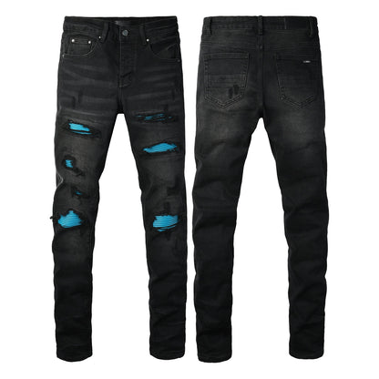 Men’s Black Distressed Skinny Jeans with Blue Ribbed Patchwork 8912
