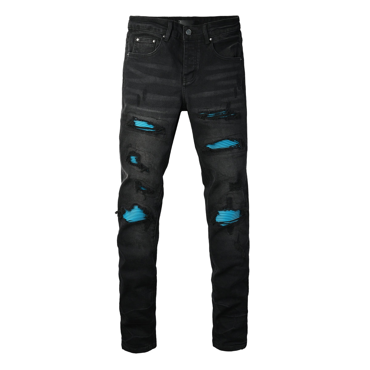 Men’s Black Distressed Skinny Jeans with Blue Ribbed Patchwork 8912