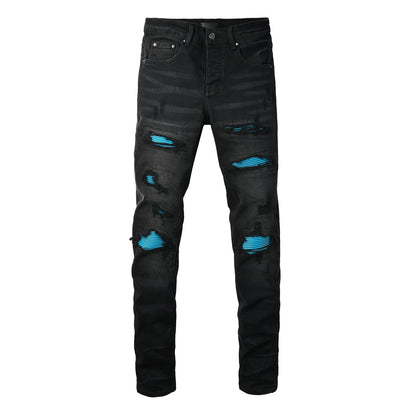 Men’s Black Distressed Skinny Jeans with Blue Ribbed Patchwork 8912