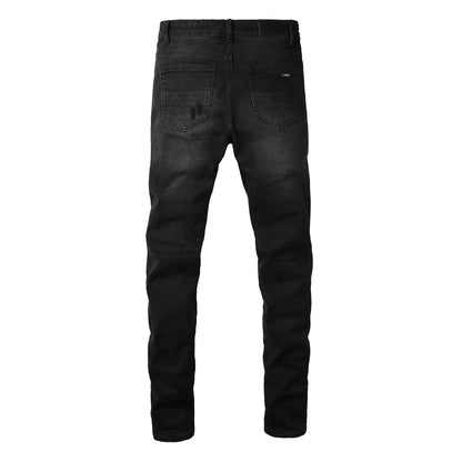 Men’s Black Distressed Skinny Jeans with Blue Ribbed Patchwork 8912