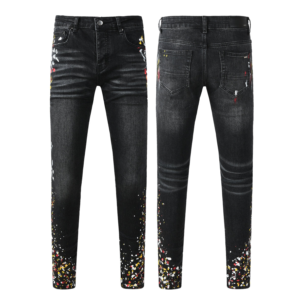 Street Style Men’s Black Skinny Jeans with Splatter Print and Washed Effect 8913