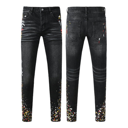 Street Style Men’s Black Skinny Jeans with Splatter Print and Washed Effect 8913