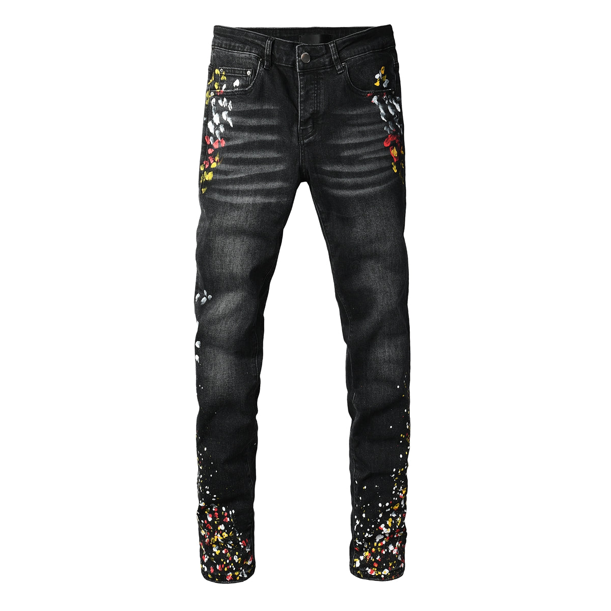 Street Style Men’s Black Skinny Jeans with Splatter Print and Washed Effect 8913