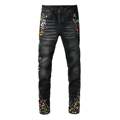 Street Style Men’s Black Skinny Jeans with Splatter Print and Washed Effect 8913