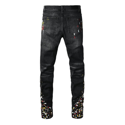 Street Style Men’s Black Skinny Jeans with Splatter Print and Washed Effect 8913