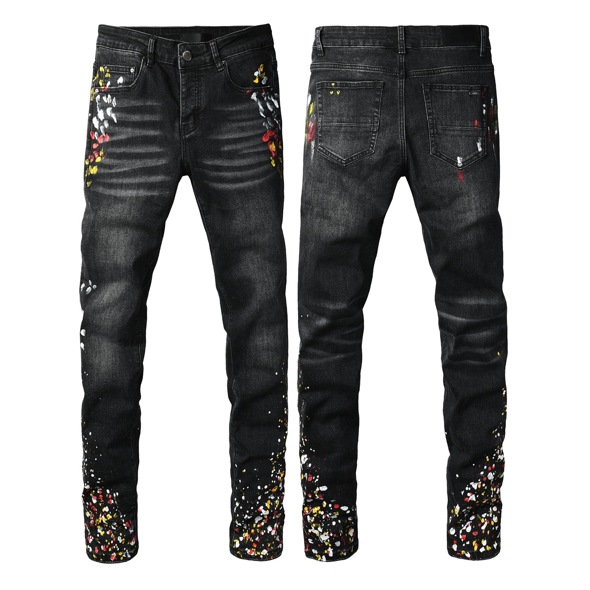 Street Style Men’s Black Skinny Jeans with Splatter Print and Washed Effect 8913