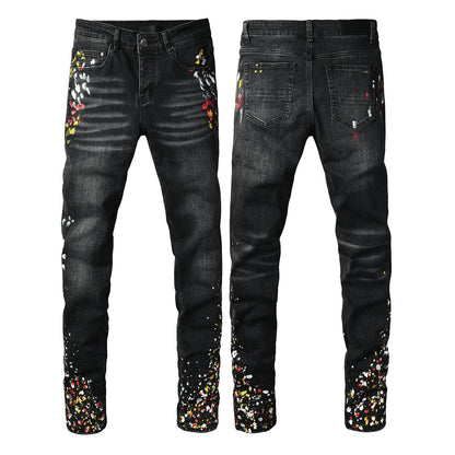 Street Style Men’s Black Skinny Jeans with Splatter Print and Washed Effect 8913