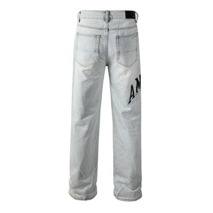 Men’s Light Blue Loose Fit Jeans with Black Letter Print and Ripped Details 8916