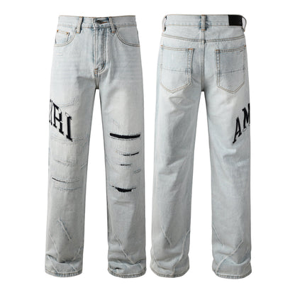 Men’s Light Blue Loose Fit Jeans with Black Letter Print and Ripped Details 8916