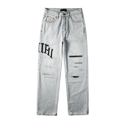 Men’s Light Blue Loose Fit Jeans with Black Letter Print and Ripped Details 8916