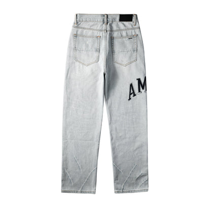 Men’s Light Blue Loose Fit Jeans with Black Letter Print and Ripped Details 8916