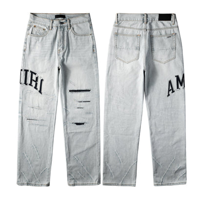 Men’s Light Blue Loose Fit Jeans with Black Letter Print and Ripped Details 8916