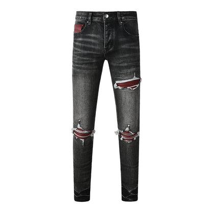 Men's Black Ripped Skinny Jeans with Red Faux Leather Patch and Distressed Knees 8919
