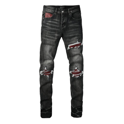 Men's Black Ripped Skinny Jeans with Red Faux Leather Patch and Distressed Knees 8919