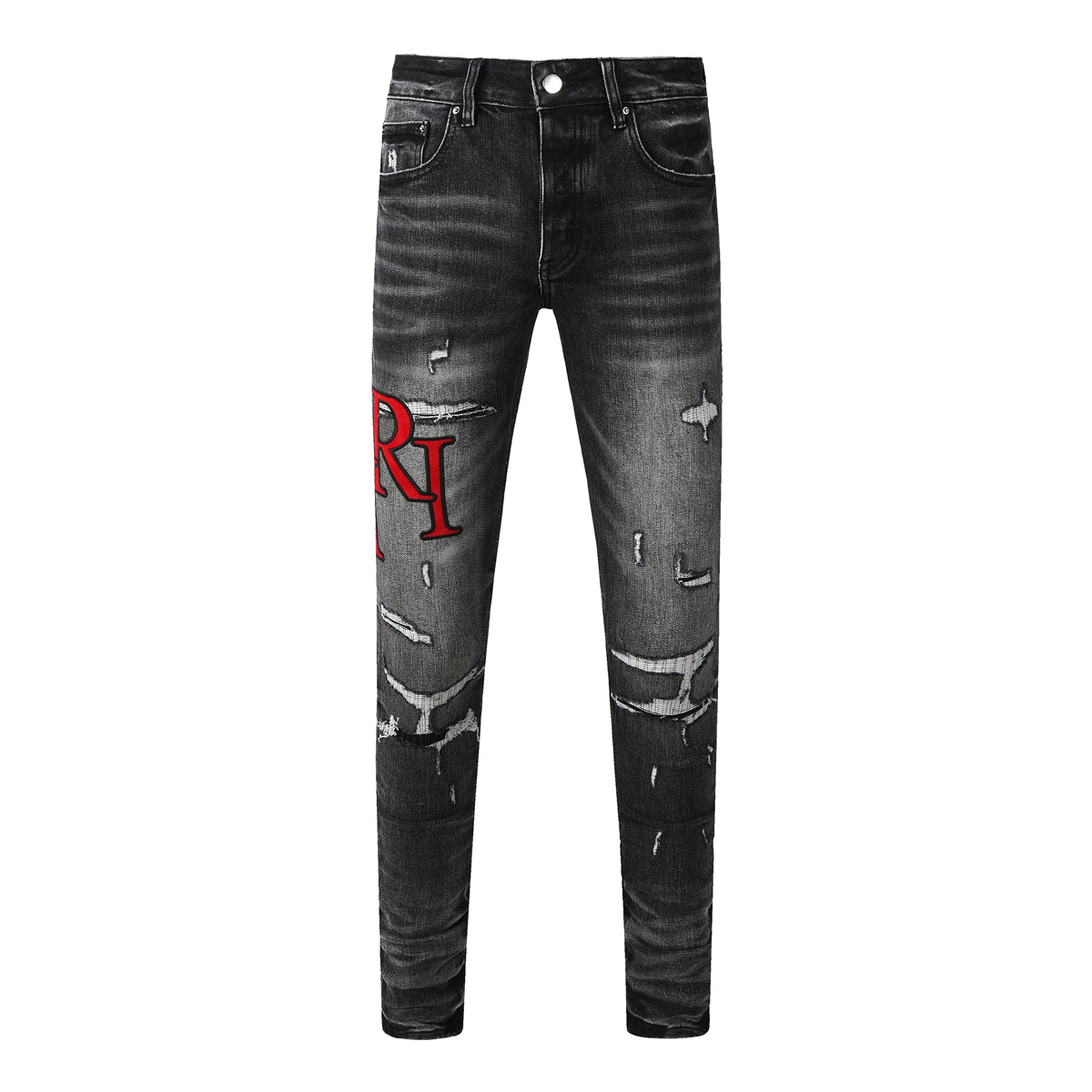 Jeans ajustados de mezclilla lavada negra para hombre con bordado de letras rojas estilo urbano desgastado 8922