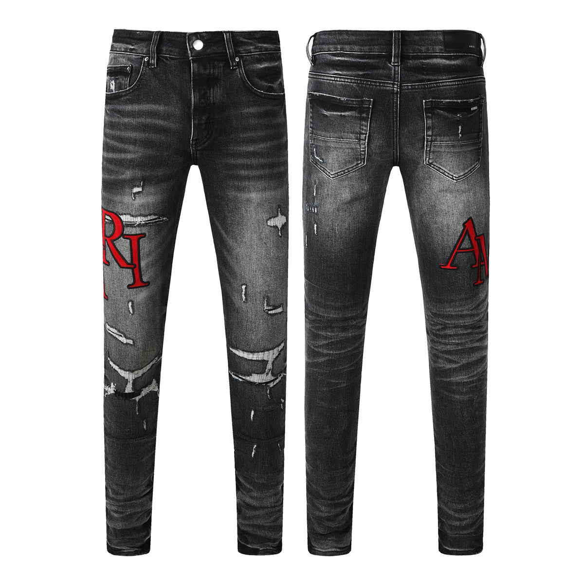 Jeans ajustados de mezclilla lavada negra para hombre con bordado de letras rojas estilo urbano desgastado 8922