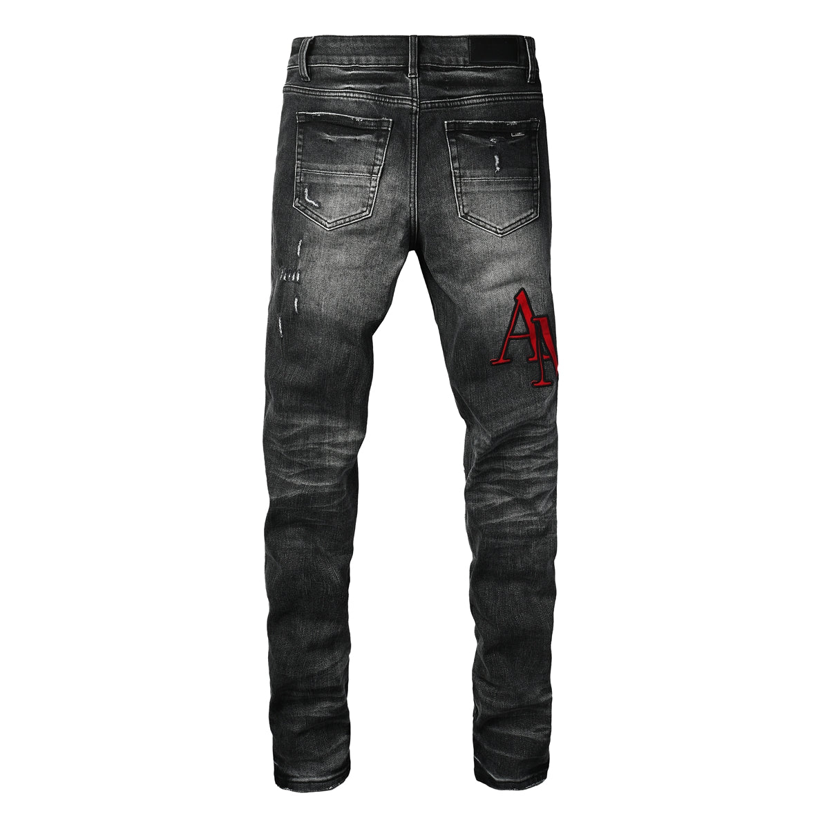 Jeans ajustados de mezclilla lavada negra para hombre con bordado de letras rojas estilo urbano desgastado 8922