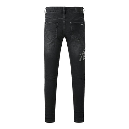 Men's Black Skinny Ripped Jeans with Rhinestone Letter Patch and Distressed Details 8925