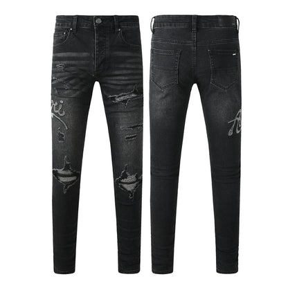 Men's Black Skinny Ripped Jeans with Rhinestone Letter Patch and Distressed Details 8925