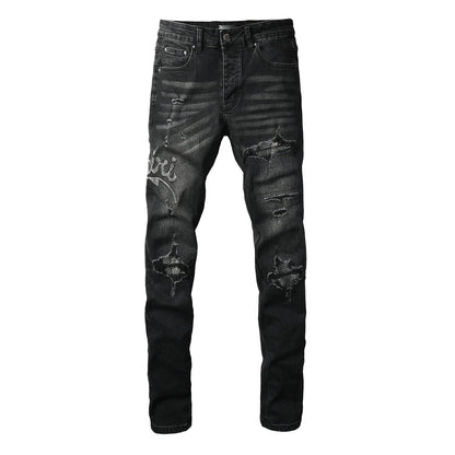 Men's Black Skinny Ripped Jeans with Rhinestone Letter Patch and Distressed Details 8925