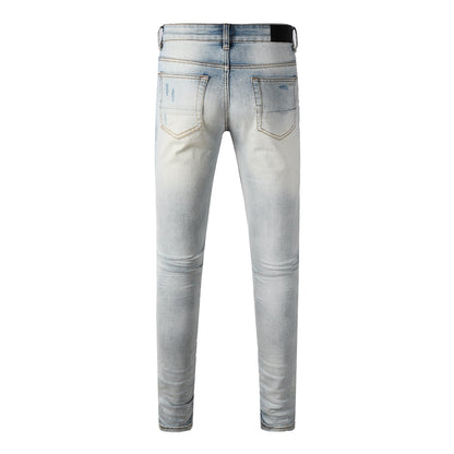 Men's Moto Style Skinny Fit Ripped Jeans with Bright Blue Knee Panels Light Wash 8927