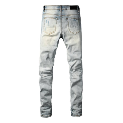 Men's Moto Style Skinny Fit Ripped Jeans with Bright Blue Knee Panels Light Wash 8927