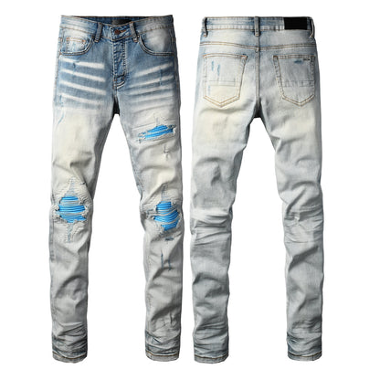 Men's Moto Style Skinny Fit Ripped Jeans with Bright Blue Knee Panels Light Wash 8927