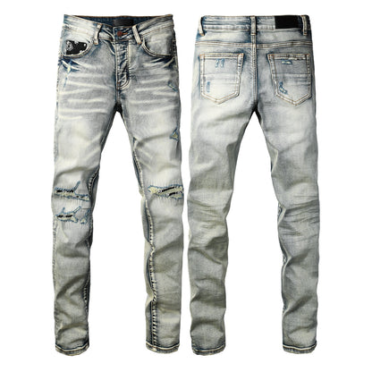 Men's Light Wash Skinny Jeans with Ripped Details and Bandana Pocket Accent 8929