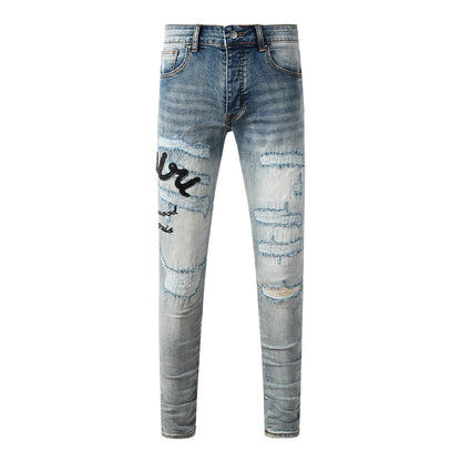 Vaqueros ajustados desgastados de lavado claro para hombre con letras bordadas estilo urbano Denim 8931
