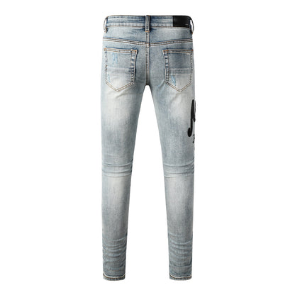 Vaqueros ajustados desgastados de lavado claro para hombre con letras bordadas estilo urbano Denim 8931