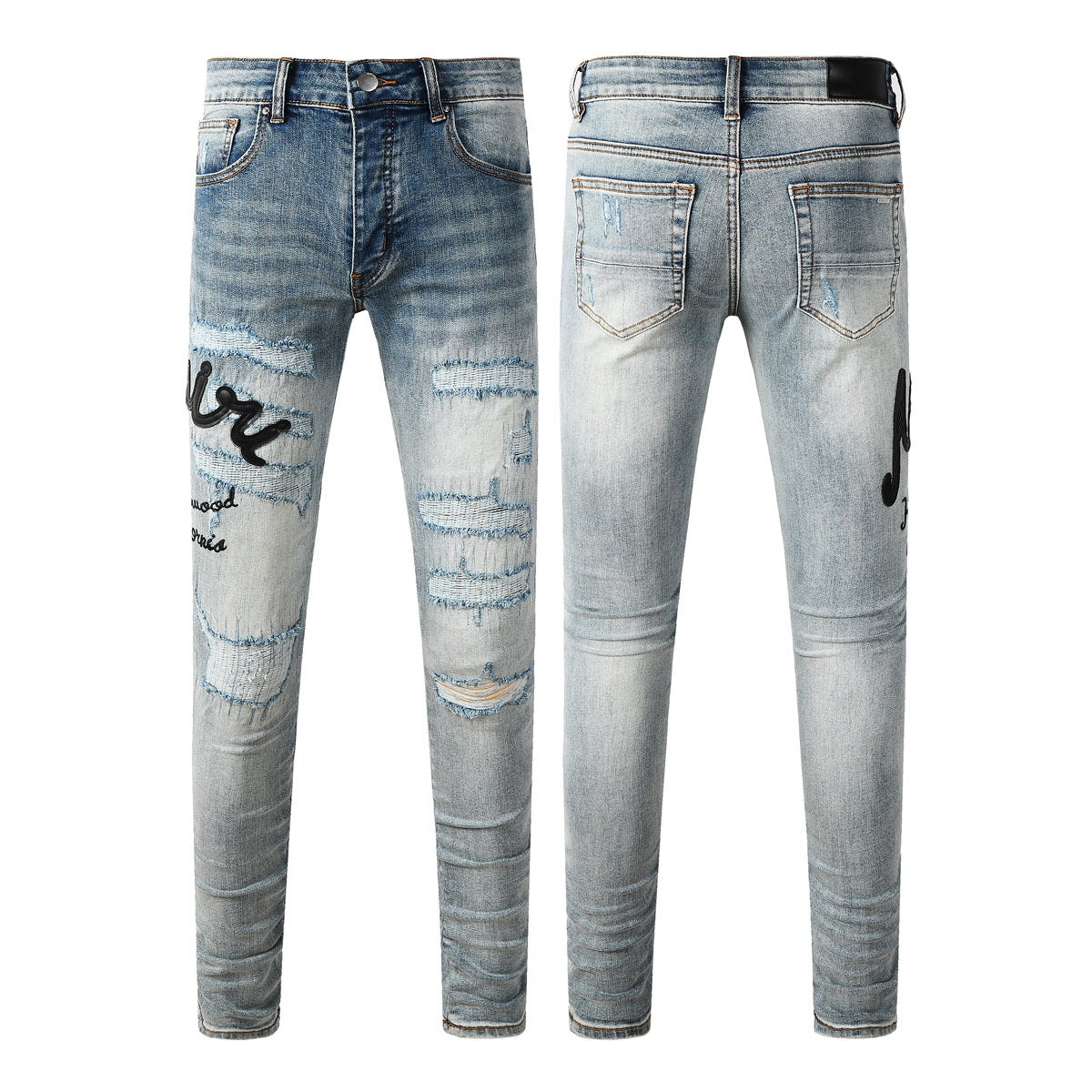 Vaqueros ajustados desgastados de lavado claro para hombre con letras bordadas estilo urbano Denim 8931